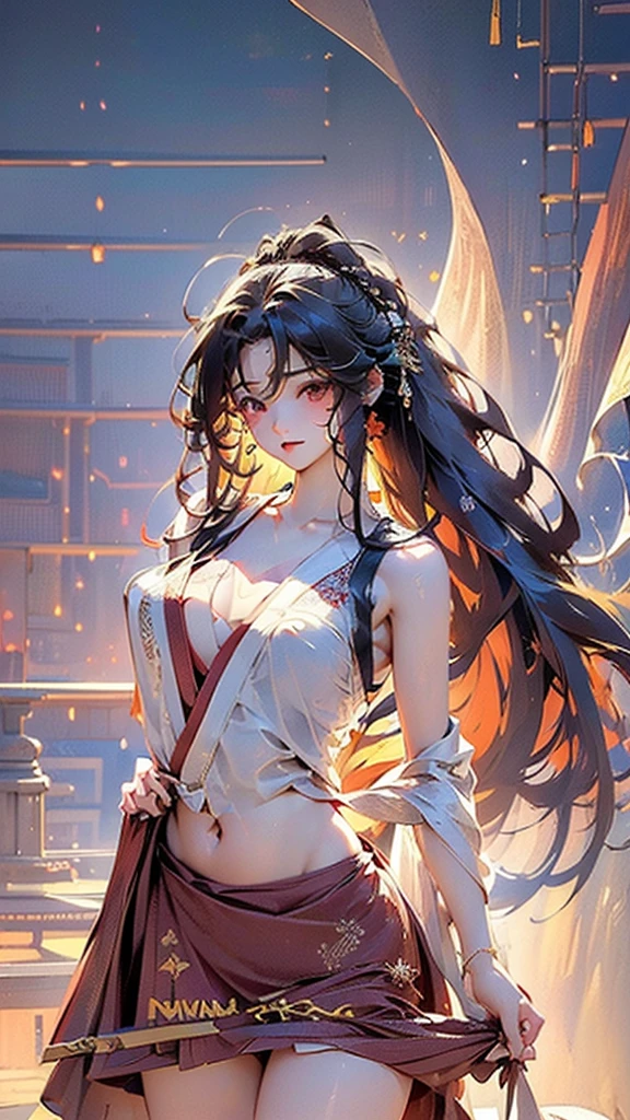 (photo-realistic, ultra-realistic 8k CG: 1.2), perfect artwork, exquisite patterns, (best quality, intricate details, extremely complex: 1.2), 70mm telephoto lens, perfect lighting, detailed lighting, dramatic shadows, ray tracing, bloom, 1 girl, solo, idol, woman, girly, bright eyes, (detailed eyes), (wet skin, nsfw: 1.1), (very long hair, flowing hair, gorgeous hair, wind hair, strong wind, wind lift: 1.4), (ribbon in front, red tulle: 1.3), earrings, filigree, removable sleeves, wide sleeves, (see-through clothing, semi-transparent clothing, armbands: 1.2), (revealing clothing), jewelry, (hollow breasts, slit chest, bare shoulders, off-shoulder, simple choker, no bra: 1.1), (horizon, distant view, far away, ancient temple: 1.2), simple background (pov legs, thighs, hanfu, hanfu: 1.4),