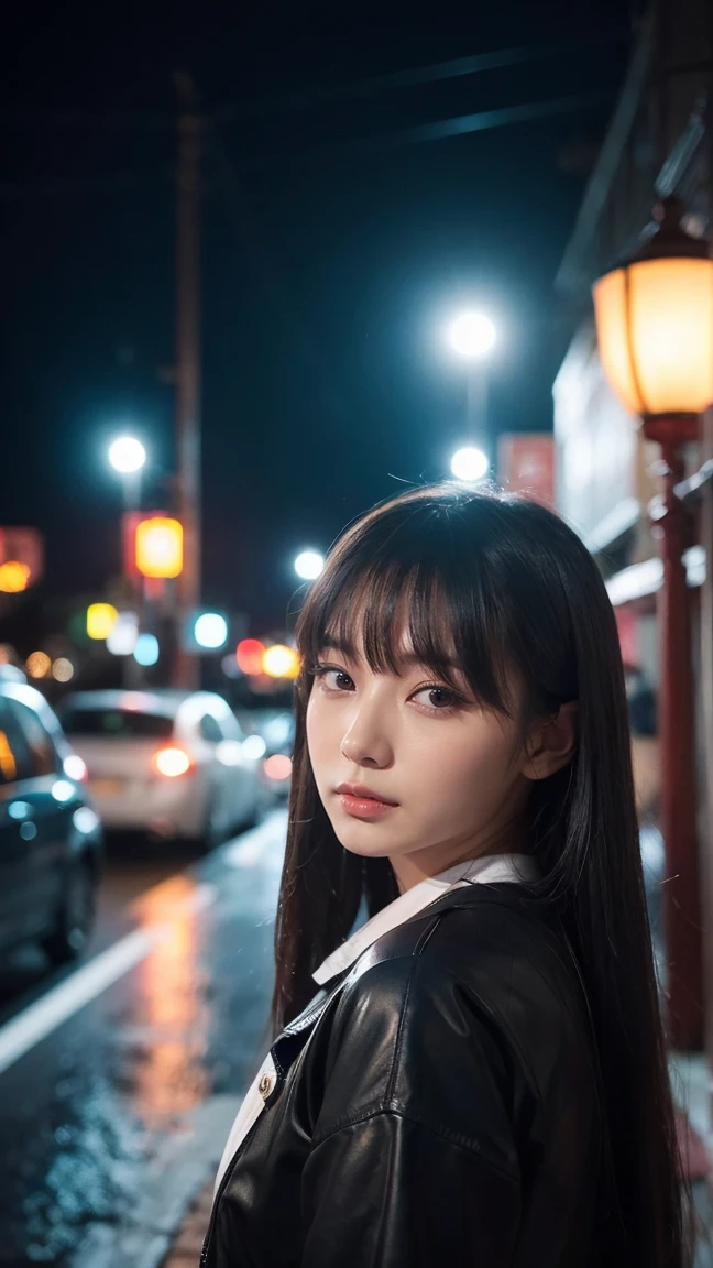1 girl,獨自of,long hair,粗糙of皮膚,(looking at the audience:1.2),濕of頭髮,micro_shorts,黑暗of,Polaroid,(depth_of_venue:1.5),Rainy Day,outdoor,street,眼睛之間of頭髮,喜怒無常of燈光,The Tyndall effect,movie lighting,night,lamp post,lens flare,Available light,Edge light,發光of霓虹燈,彎曲of,Chinese_style,