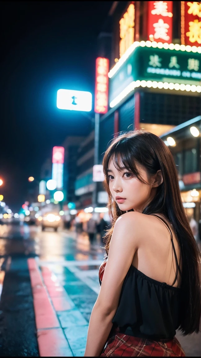 1 girl,獨自of,long hair,粗糙of皮膚,(looking at the audience:1.2),濕of頭髮,micro_shorts,黑暗of,Polaroid,(depth_of_venue:1.5),Rainy Day,outdoor,street,眼睛之間of頭髮,喜怒無常of燈光,The Tyndall effect,movie lighting,night,lamp post,lens flare,Available light,Edge light,發光of霓虹燈,彎曲of,Chinese_style,