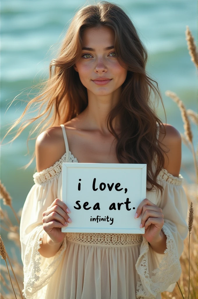 Beautiful girl with wavy long hair, bohemian dress, holding a white board with text "I Love Seaart Infinity" and showing it to the viewer