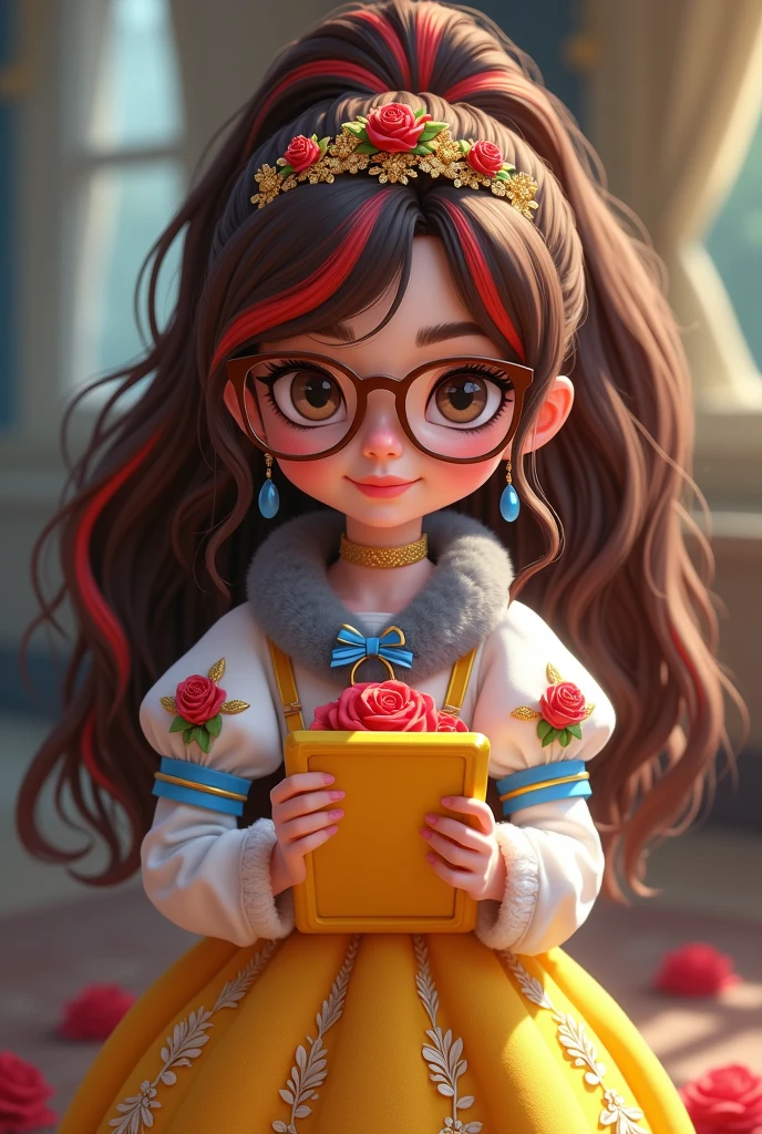 Imagem da filha da Ramona Badwof e da Rosabella Beauty de Ever After High: Long wavy brown ponytail with red streaked bangs, first of all, light brown eyes, brown glasses with a red rose, white blouse with blue, with roses on the blouse and sleeves, yellow skirt with golden roses, a faux fur collar around the neck of gray color, golden flower tiara on head, You have to be holding a yellow tablet with red roses in your hands, You have to have red highlights in your hair