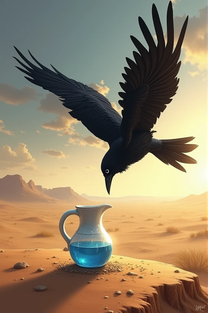 A crow was flying over a desert, searching for water. He was very thirsty and his throat was dry.
As he flew, he saw a pitcher below him. He flew down to investigate and saw that it was filled with water.
But when he tried to drink, he realized that the water was too low for him to reach. He tried to tilt the pitcher, but it was too heavy.
The crow thought for a moment, then he had an idea. He started picking up small stones and dropping them into the pitcher.
As the stones fell into the pitcher, the water level started to rise. The crow kept dropping stones until the water was high enough for him to drink.
Finally, the crow was able to quench his thirst. He drank and drank, then flew away feeling happy and relieved. The crow was clever and resourceful, and he had solved his problem.