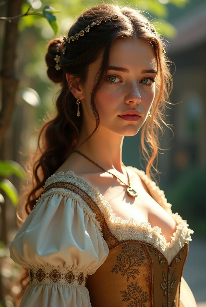a redheaded asian elf girl in a river (into the river), long and EXTREMELY SILKY HAIR, elegant wine red 1860's elf dress, black corset, very big tits, beautiful detailed eyes and lips, 1860's clothes, dense lush forest, dark colors, lake, dramatic lighting, rich colors, intricate details, fantasy, dark academia, 1860's style, (best quality,4k,8k,highres,masterpiece:1.2),ultra-detailed,(realistic,photorealistic,photo-realistic:1.37),magical fantasy atmosphere,concept art