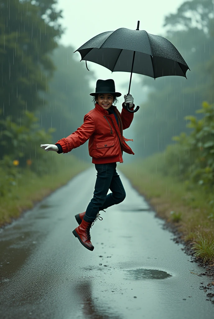 Little Michael Jackson waking with umbrella in rainy season on road with holes and jumping in the air