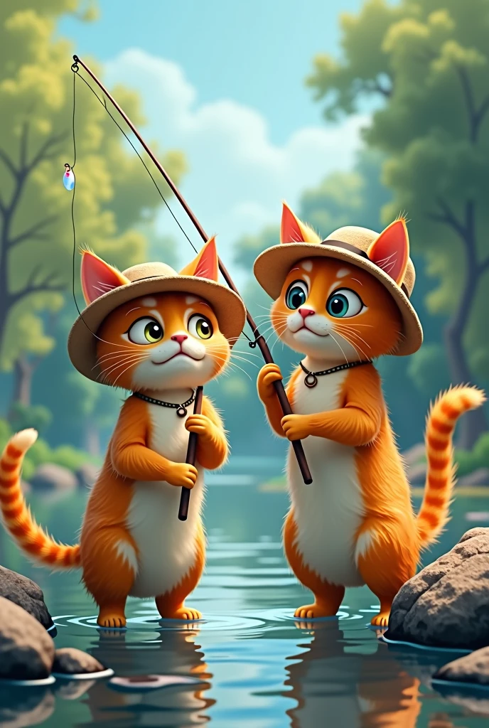 two cats go fishing with fishing rods in panamas on two paws.