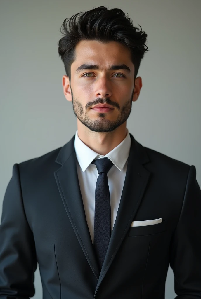 (photorealism:1.2),man in his 20s, very short black hair, medium stubble, caucasian, wearing a suit