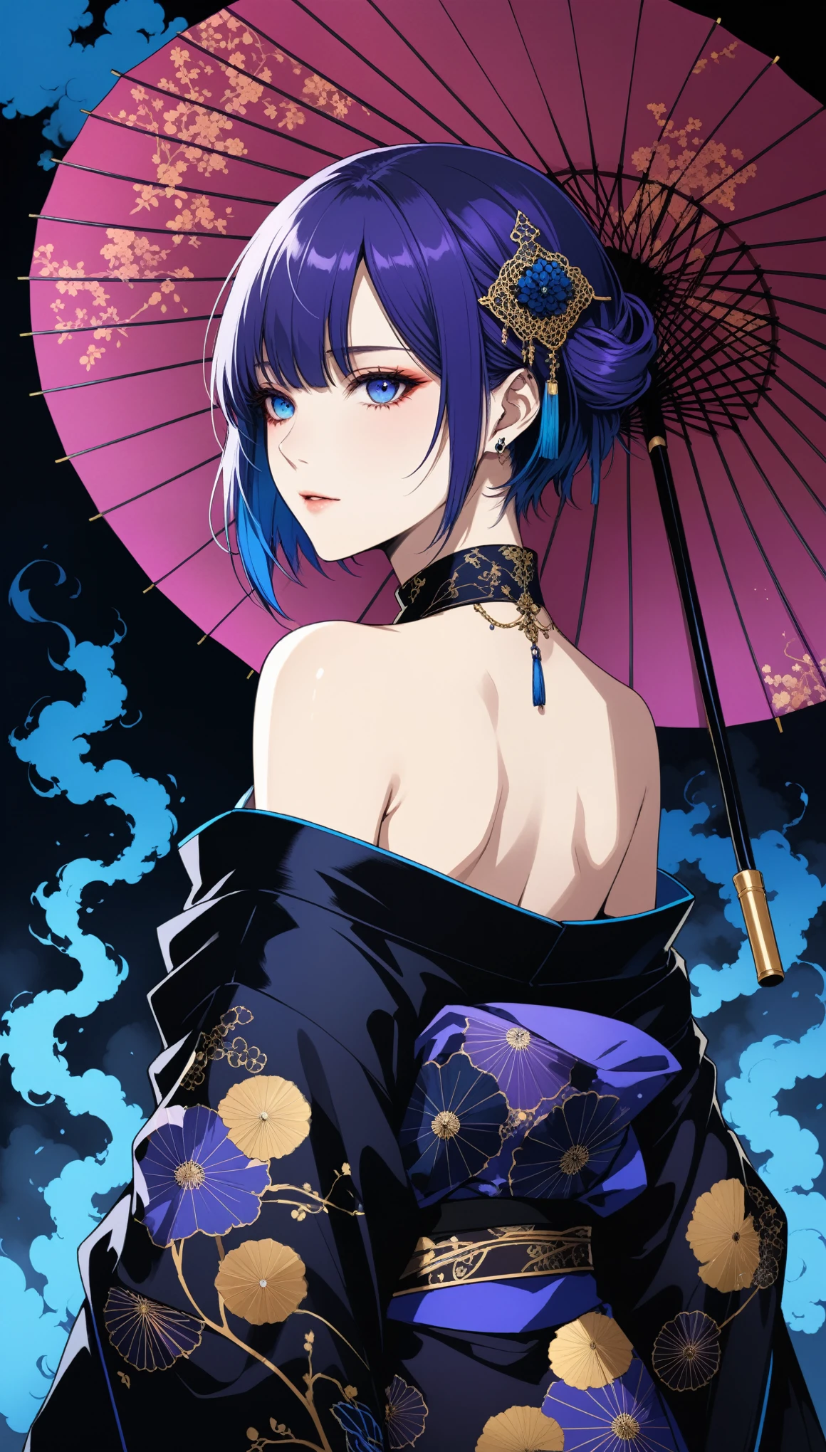 (Harry Clark (Harry Clarke) style:1.1),圣地亚哥·卡鲁索style,
1 Girl,Blue short hair,Gorgeous oil-paper umbrella,Deep purple pupils glow,No rain,Eye-to-eye,smokes,smooth Back,only shoulders,only_Back,A black noble kimono,Show your shoulders,
(Neon blue smoke:1.5),absolute dark,Black Art,(From the back:1.2),Portrait close-up,dark,深蓝色的色调在dark中,Backlight,Low light,Create a quiet and cold atmosphere
