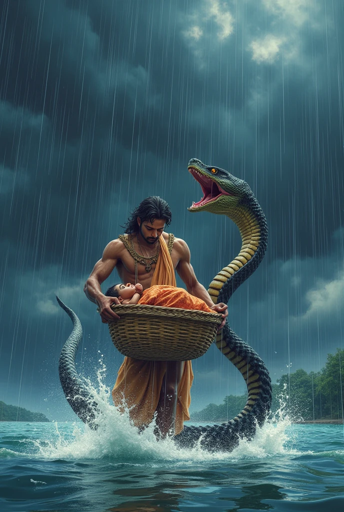 Vasudev carrying Shri Krishna in a basket across the river and perfect 
5 face Vasuki Naga covering him from the rain in dark clouds like Anime 