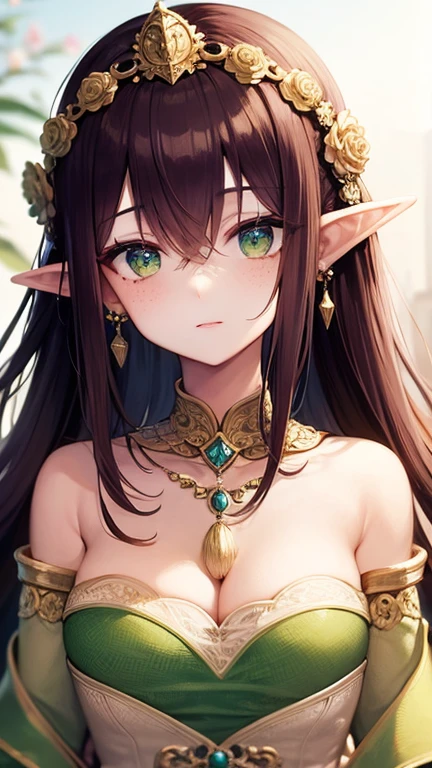 Elf Princess, flower, freckle, Bangs, redhead, long hair, Green eyes, Hair between the eyes, flower earrings, Blurred background, High resolution