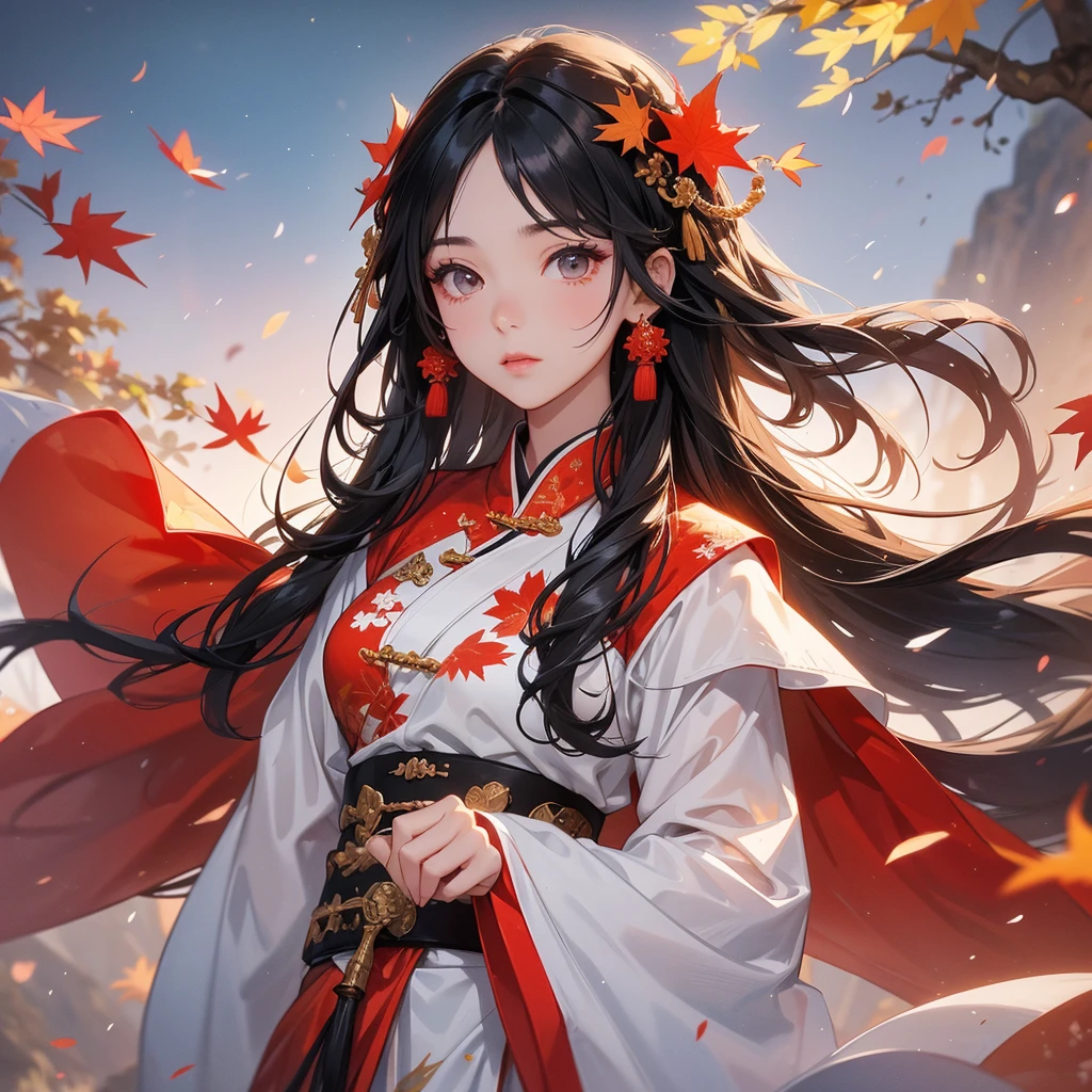 A beautiful black-haired female holding a large sword in white ancient Chinese costume, the backdrop is a mountain that turns red in spring and maple leaves fall from the trees, close up.