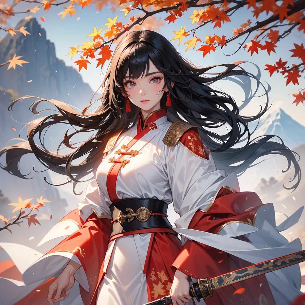 A beautiful black-haired female holding a large sword in white ancient Chinese costume, the backdrop is a mountain that turns red in spring and maple leaves fall from the trees, close up.