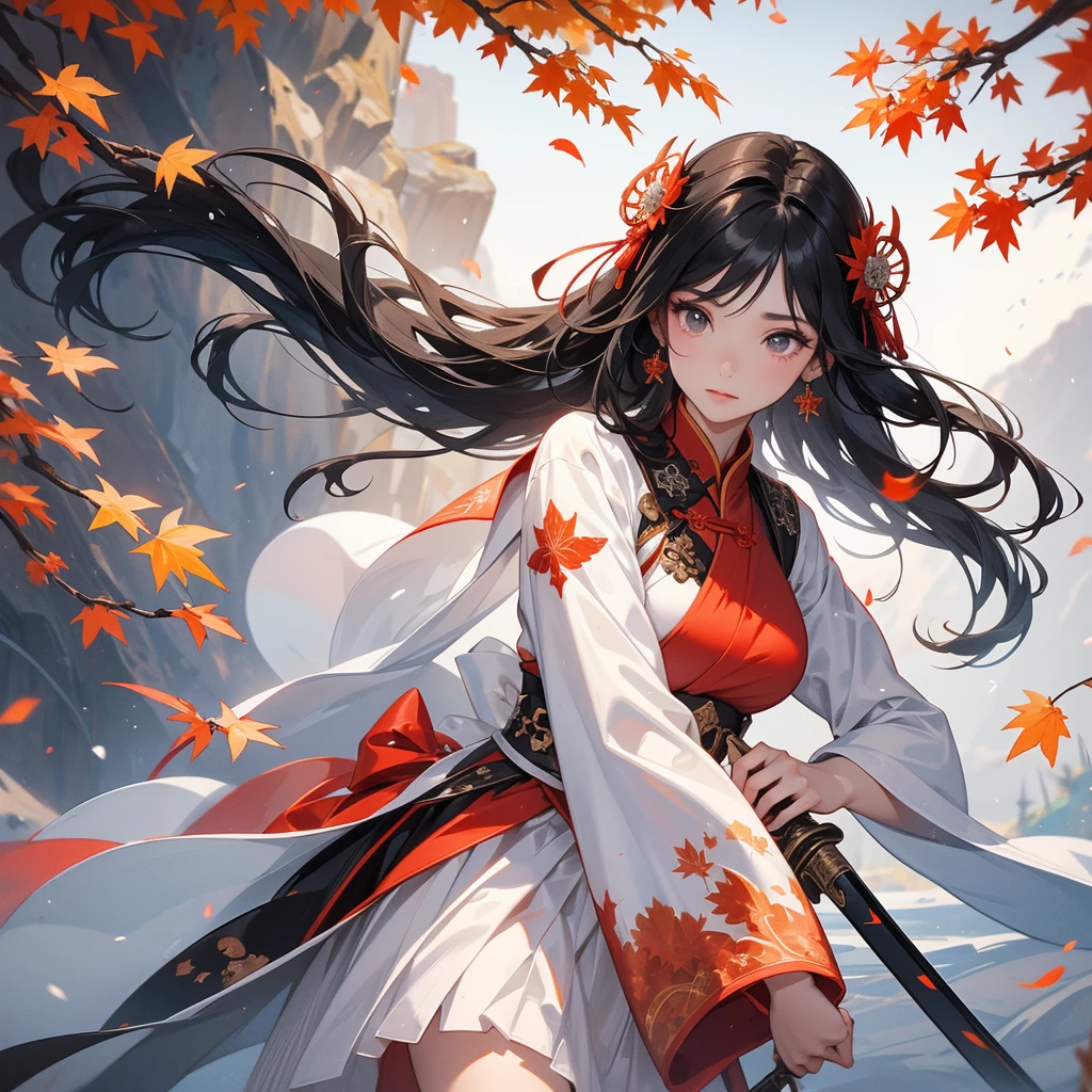 A beautiful black-haired female holding a large sword in white ancient Chinese costume, the backdrop is a mountain that turns red in spring and maple leaves fall from the trees, close up.