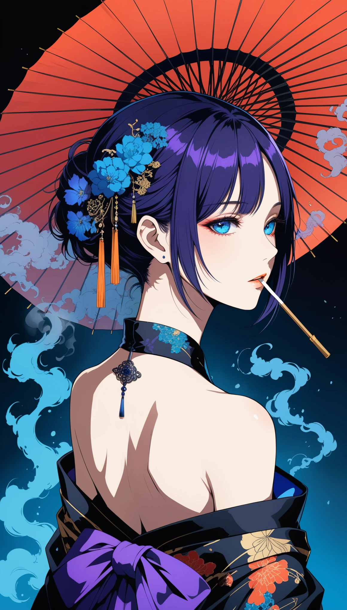 (Harry Clark (Harry Clarke) style:1.1),圣地亚哥·卡鲁索style,
1 Girl,Blue short hair,Gorgeous oil-paper umbrella,Deep purple pupils glow,No rain,Eye-to-eye,smokes,smooth Back,only shoulders,only_Back,A black noble kimono,Show your shoulders,
(Neon blue smoke:1.5),absolute dark,Black Art,(From the back:1.2),Portrait close-up,dark,深蓝色的色调在dark中,Backlight,Low light,Create a quiet and cold atmosphere