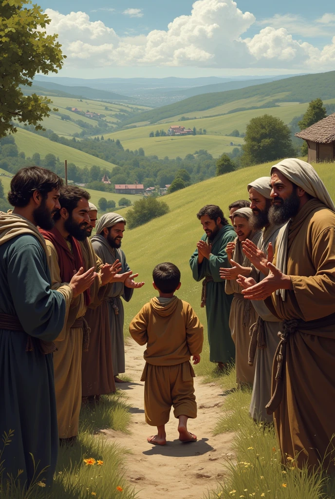 Villagers at the hill angry while the boy laughing
