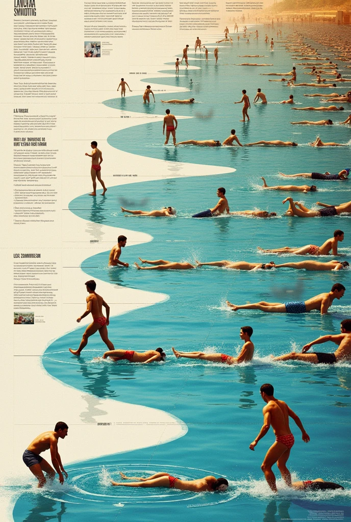 Drawings of ancient swimming to modern swimming in a time line manner.