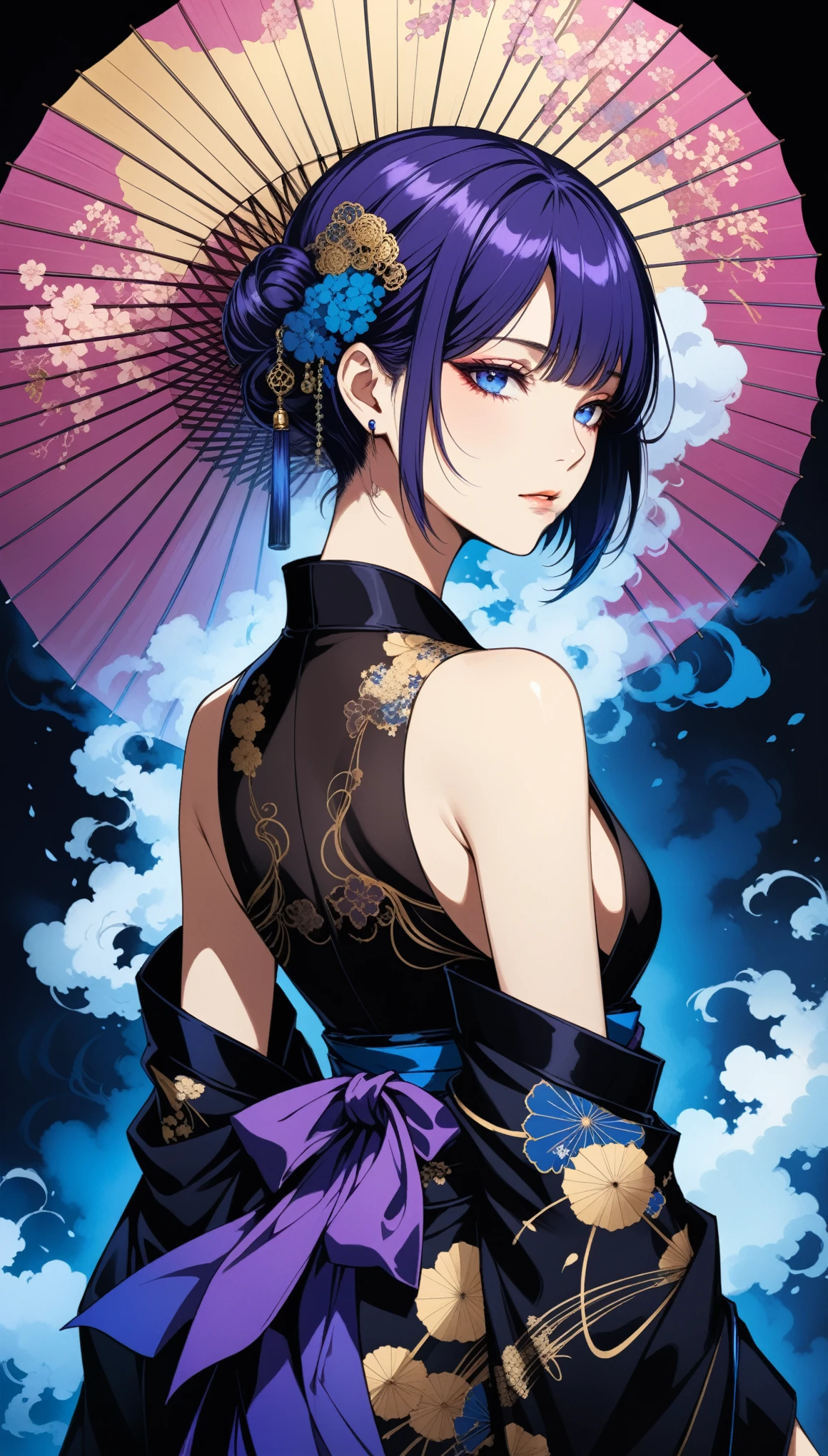 (Harry Clark (Harry Clarke) style:1.1),圣地亚哥·卡鲁索style,
1 Girl,Blue short hair,Gorgeous oil-paper umbrella,Deep purple pupils glow,No rain,Eye-to-eye,smokes,smooth Back,only shoulders,only_Back,A black noble kimono,Show your shoulders,
(Neon blue smoke:1.5),absolute dark,Black Art,(From the back:1.2),Portrait close-up,dark,深蓝色的色调在dark中,Backlight,Low light,Create a quiet and cold atmosphere