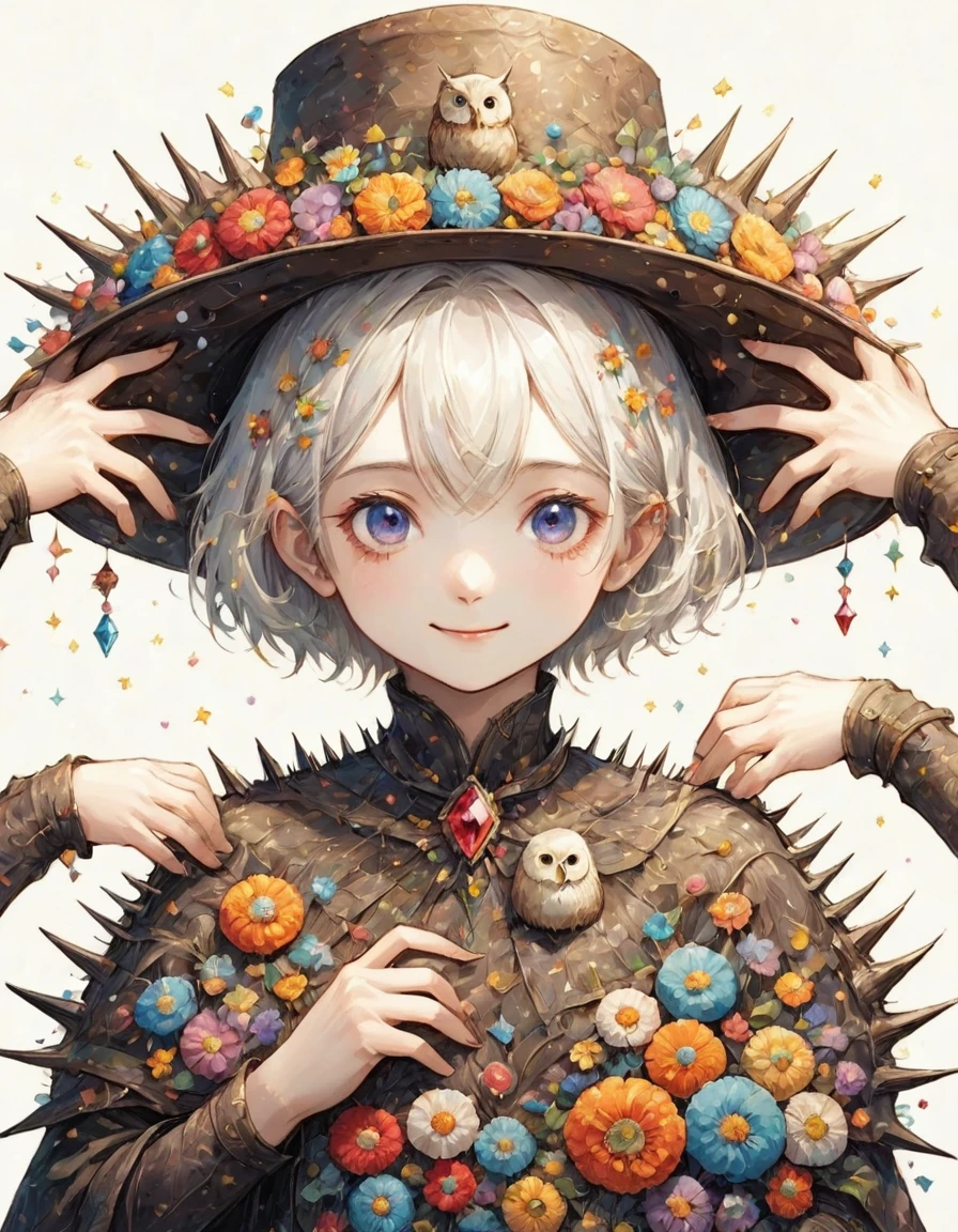 Highest quality、High resolution、(Beautiful face in every detail:1.4)、(Draw a picture to fit on the canvas:1.5)、Carefully draw your hands、Delicate hands、Elaborate hands、Anatomically correct、(Normal number of fingers:1.2)、(Highly detailed face)、Detailed eyes、大people、２０Age、Perfect body line、Stand in the center、so beautiful、 (((Blank Background:1.5, No background:1.5, Background white:1.5)))、１people、(Upper Body:2.0)、woman、(smile:1.5)、Halloween、witch、The hat is very small、(White Hair:2.0)、(Short spiky hair:2.0)、(witchの帽子:1.5)、(owl1羽:2.0)、(1羽のとても大きいowl:1.5)、(owl１Being with the feathers:1.5)、(owlはwomanの体の手か前腕にとまってる:1.5)、(The hat only has flowers on it:2.0)、There are lots of flowers on the hat、Unexposed clothing、(リアルなowl:1.5)、まるで写真のようなowl、Change the design of the clothes、(Victorian dress:1.5)、Robe、Do a different pose、White clothes、(The hat has a different large jewel on it every time.:2.0)、Remove extra fingers、胸元にowlが止まっている、owl消さないで、(Change the arm pose:2.0)、Change the design of the jewel on the hat、