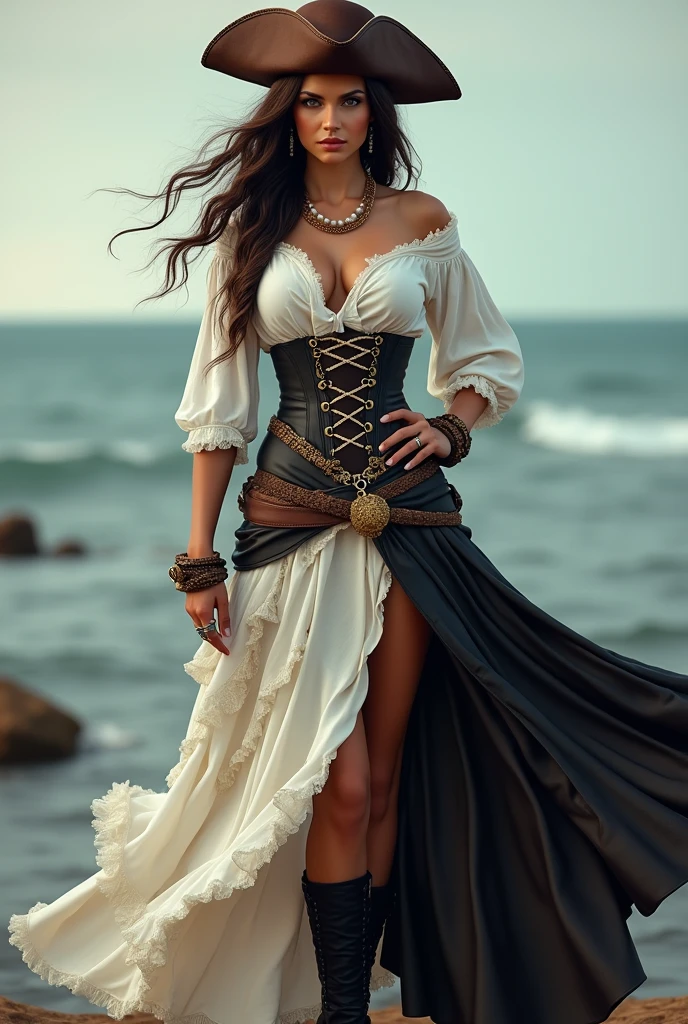 Pirate woman in white shirt,  long white skirt and long black leather skirt (above the white fda) with opening in the middle to see the long white skirt, black boots, must have rings on fingers. A golden paleacate on the head. brown hat. And a black and gold corset