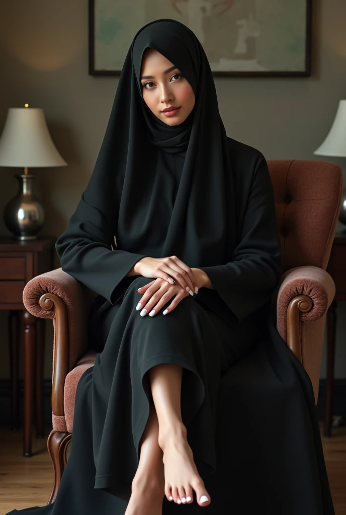 A musilm women with the black partha and sitting on the soffa