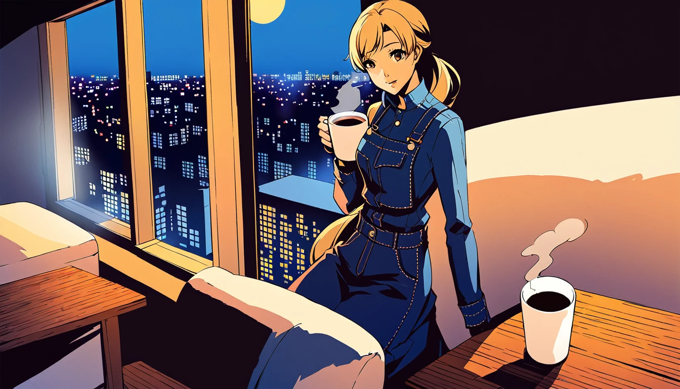 An anime-style illustration captures a serene moment of coffee time. The scene features a single white coffee cup placed on a wooden table, with steam rising from the hot coffee, indicating its warmth. The background is a window overlooking a nighttime cityscape, with the vibrant city lights creating a dynamic yet peaceful atmosphere. The focus is on the coffee cup, highlighting its simplicity and the comforting ambiance it brings. The overall mood of the illustration reflects a quiet and relaxing coffee break, perfect for unwinding while enjoying the view of the city at night.