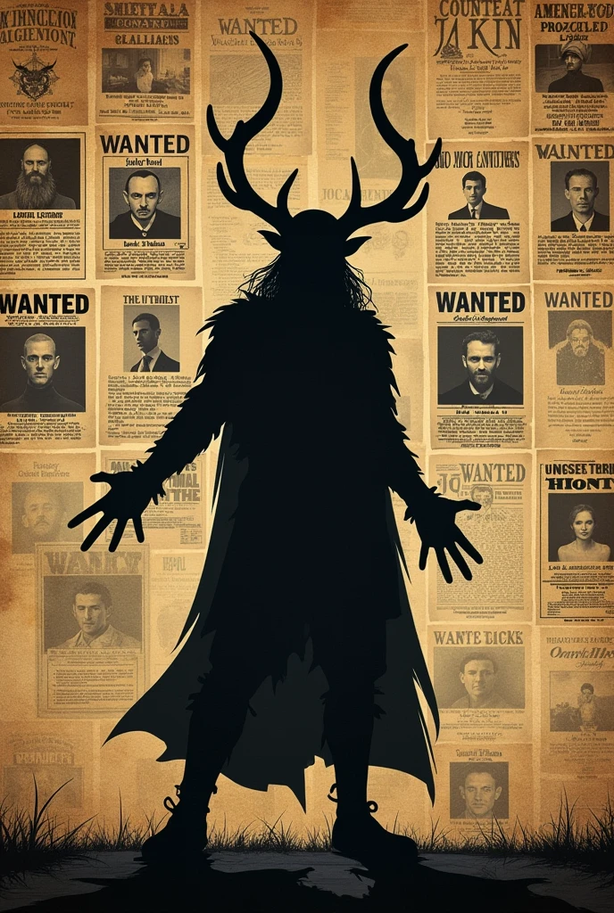 Create image ,that should comical Loki Laufeyson shadow in black and background should old newspapers wanted poter