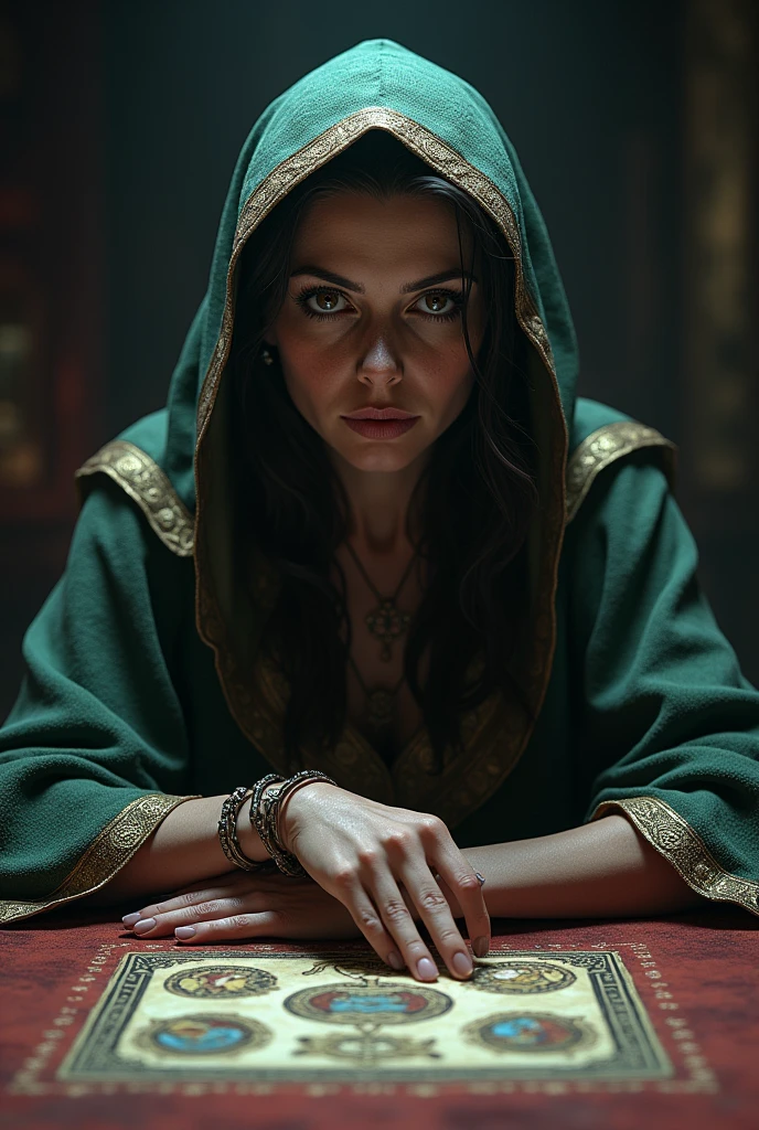 a fortune teller, with cards under the table, she is sitting at the fortune teller's table looking directly at the camera realistic image, with high 8k quality