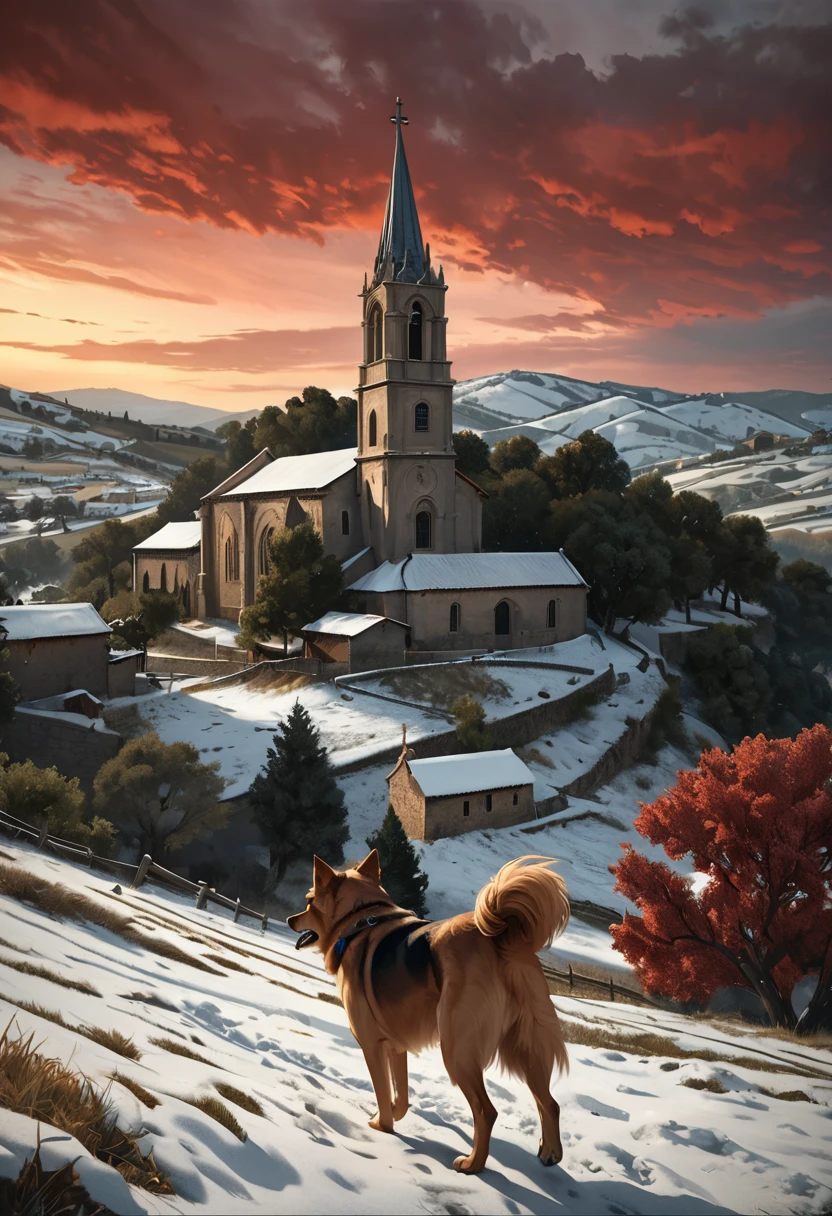 a pilgrim walking on a medieval pilgrimage route in Spain, a dog by his side, a hilly landscape with a distant church, dramatic crimson sky at Sua freezing wind blowing, (best quality,4k,8k,highres,masterpiece:1.2),ultra-detailed,(realistic,photorealistic,photo-realistic:1.37),intricate No suggestions and his dog, hilly landscape, distant church, crimson sunset sky, cold wind, cinematic lighting, muted color No suggestions