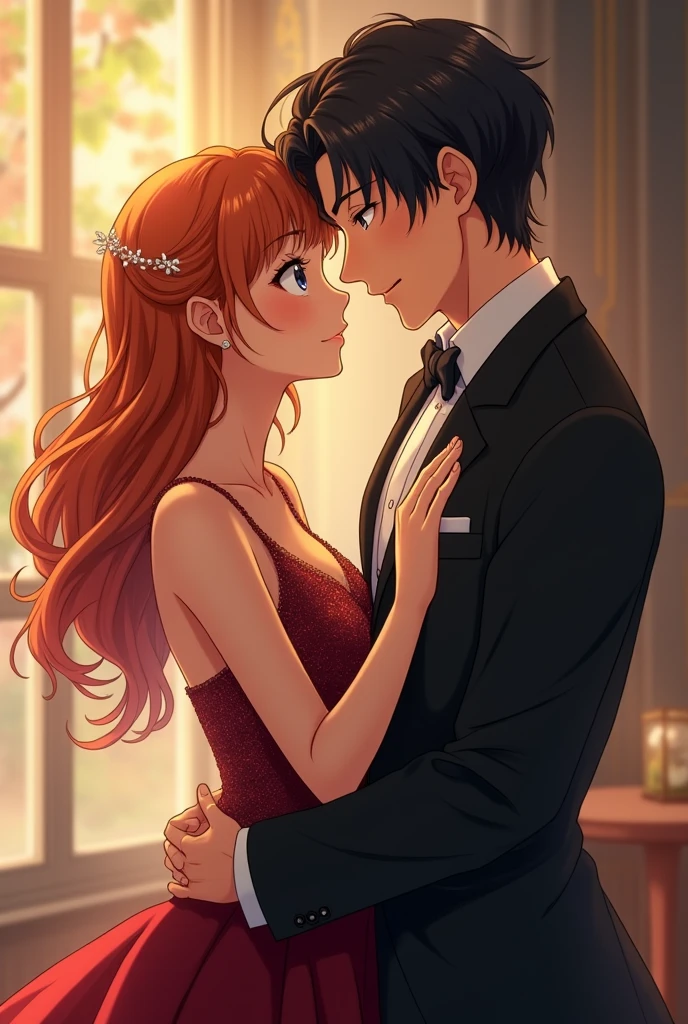 a woman about 2. She has orange hair, sparkling golden brown eyes, and wears a wine-red evening gown. She smiled gently as she looked at the man in his 30s, black hair, blue eyes, wearing a luxurious suit. Show their love through their eyes. anime characters