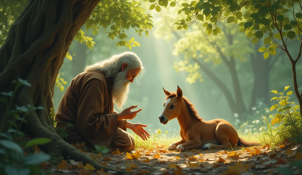 Injured Foal’s First Sight**: The sage spotting a small, injured foal lying in a bed of fallen leaves, looking weak and scared, with soft sunlight filtering through the branches.