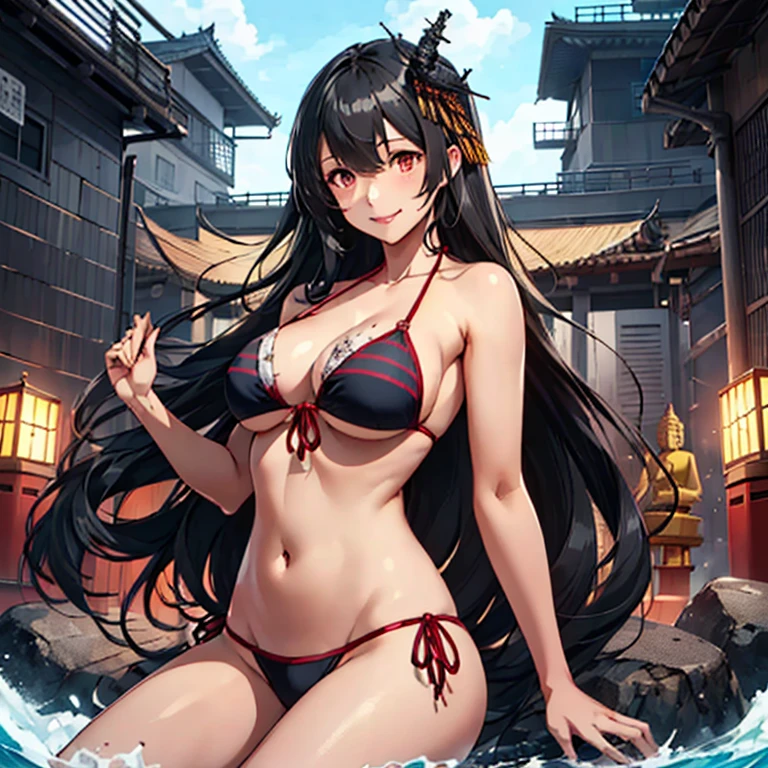 fusou_kantaicollection,
black_hair, long_hair, hair_ornament, red_eyes, nontraditional_miko, breasts, large_breasts, smile,
(masterpiece:1.4),(best quality:1.4), (premium:1.4), (great illustration:1.4), (ultra-detailed:1.4),(art CG, 8K),1girl solo, KonishiCSA,(Buddha Statue:1.4),
(bikini:1.4)