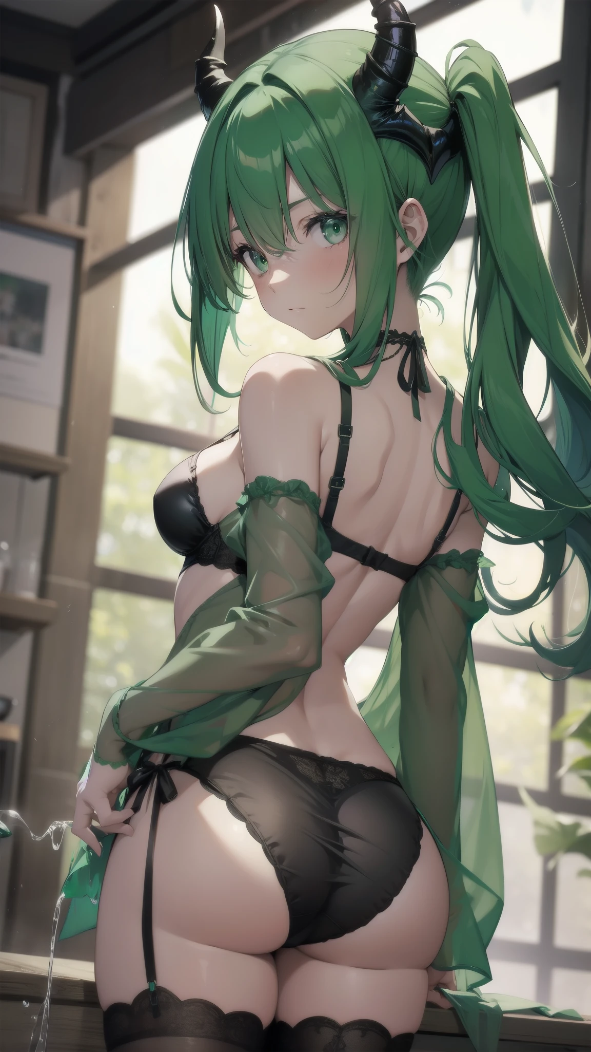 ,stringy viscous liquid,underwear,succubus,Green Hair,shy,Back