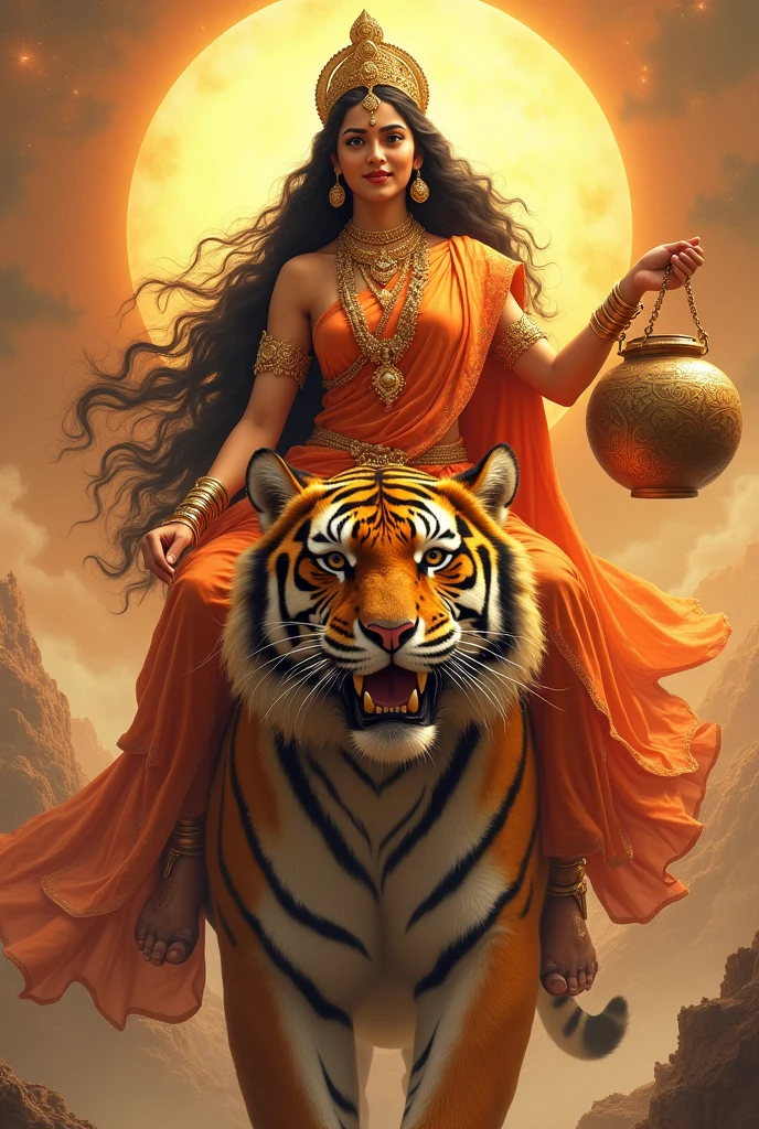 "Create an image of Goddess Kushmanda Devi, depicted in all her divine glory as she rides an enormous, majestic tigress. She should be dressed in a vibrant orange saree, symbolizing her connection to the sun and her role as the creator of the universe. The saree should be intricately embroidered with gold patterns and sacred symbols, highlighting her cosmic and regal presence. Her skin should radiate with a golden glow, reflecting her divine nature and warmth. Her face should be serene yet powerful, with large, compassionate eyes and a gentle, confident smile that exudes grace and strength, black beautiful wavy hair, extreme long flowing hair.

With both the hands, she is holding an extreme very large beautiful designed pot.

The tigress she rides should be depicted as extremely large and powerful, with a fierce yet protective expression. The tigress's presence should convey strength, courage, and loyalty, perfectly complementing the goddess's commanding and nurturing nature.

The background should feature a celestial, vibrant landscape, perhaps with a warm, golden glow or the rays of a rising sun, symbolizing her role in energizing and creating the universe. The overall image should capture the essence of Goddess Kushmanda Devi’s creative power, divine authority, and nurturing warmth, presented in a highly realistic and detailed manner, with the enormous tigress emphasizing her strength and protective energy."