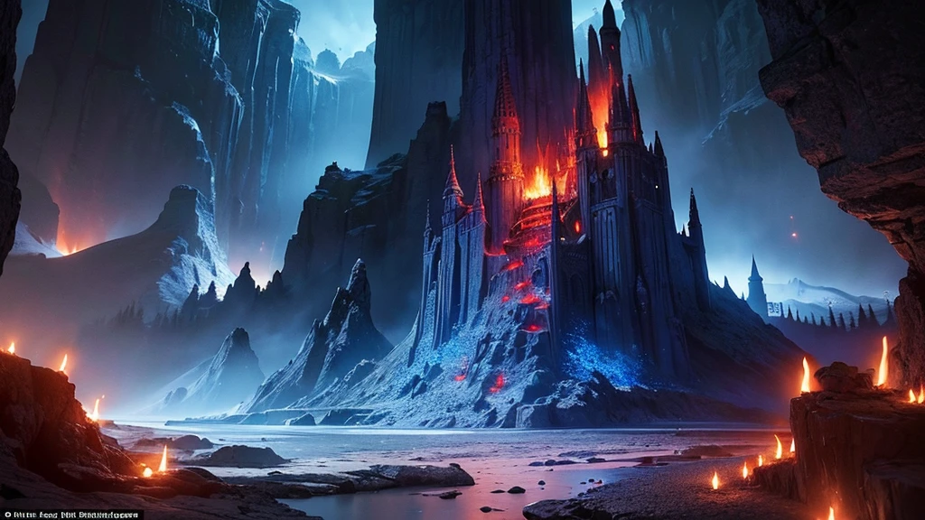(masterpiece), (best quality), (The finest details), (General view from a distance), (Main colors: Dark Blue), (Secondary Color: Red), A cave with spells carved on it,unmanned,magnificent,dark,Red glow,Chamber of Secrets,Sacrifice,chain,night, shadow (detailed, Strong contrast),