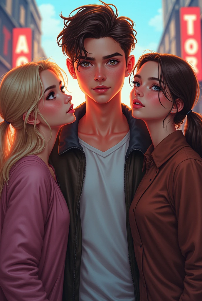 A one-pound cover, où il y un beau garçon de et 2 fille de 16ans (a blond,the other and white with tied brown hair who admires the boy )