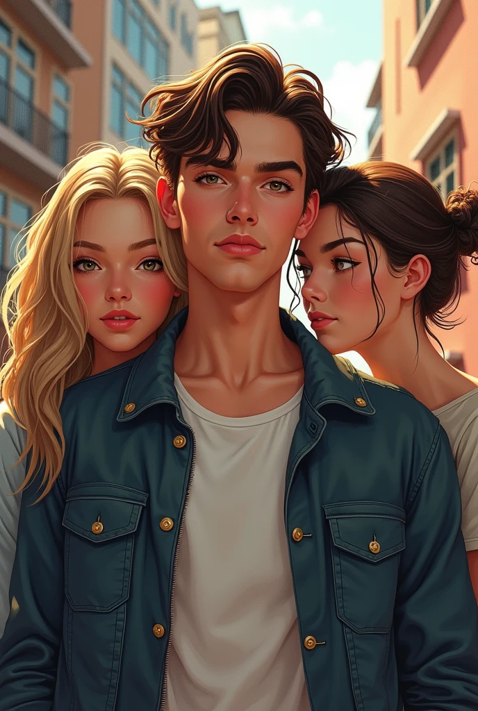 A one-pound cover, où il y un beau garçon de et 2 fille de 16ans (a blond,the other and white with tied brown hair who admires the boy )