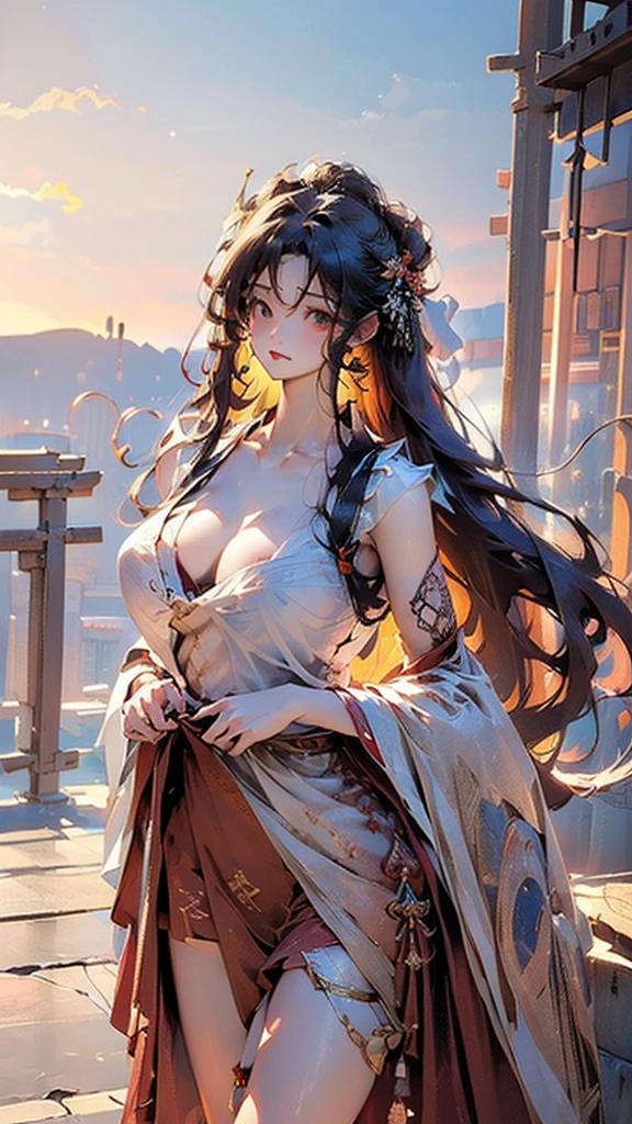 masterpiece,Extremely detailed CG unified 8k wallpaper,1 girl,Full body image, fair,big eyes, Clear facial features,Practical, Vague, Vague_background, Vague_prospect, China Pavilion, Earrings and Nipple Rings,Jewel-like, nose, Practical, Solitary,Gorgeous off-shoulder Hanfu,