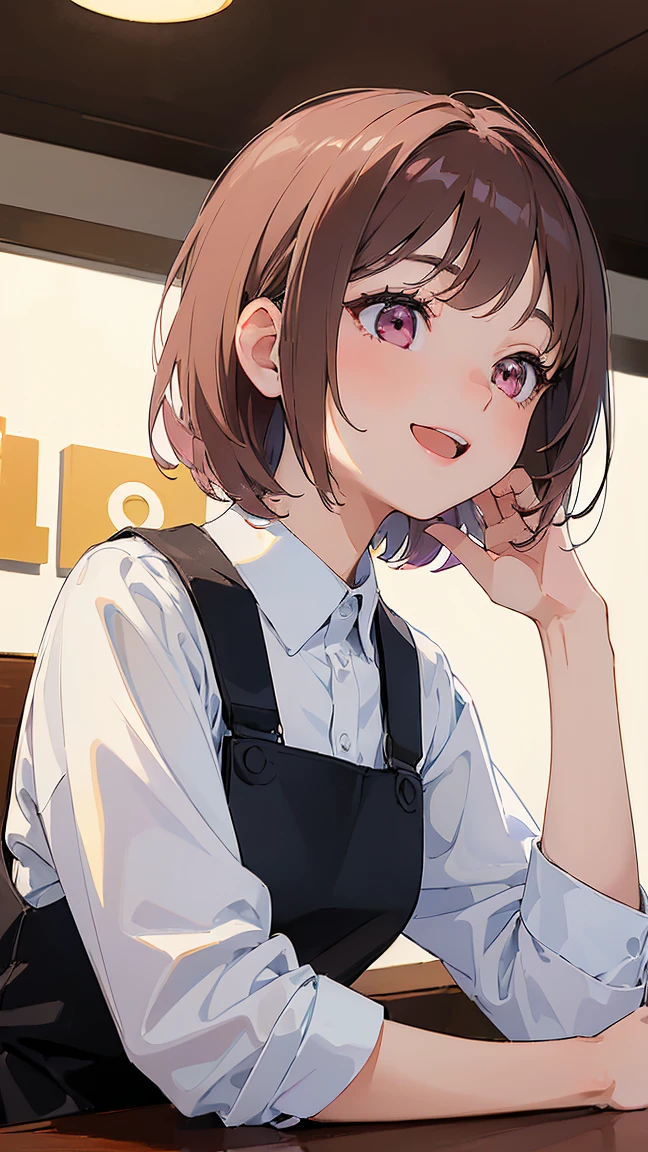 (looking away:1.5), Raising hand, masterpiece、top-quality、 A 2 woman with medium hair and pink eyes with brown bangs.、white shirt、(smile:1.3)、open mouth, Close-up of your face、sitting on、The background is a restaurant、Bold composition、Upper body is shown、Alone、