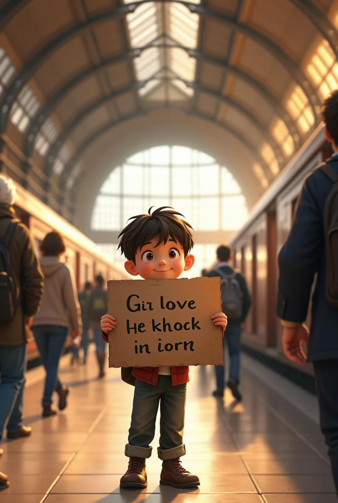 A very cute  boy is holding a sign at the train station. The sign says "Wang Yan I love you"