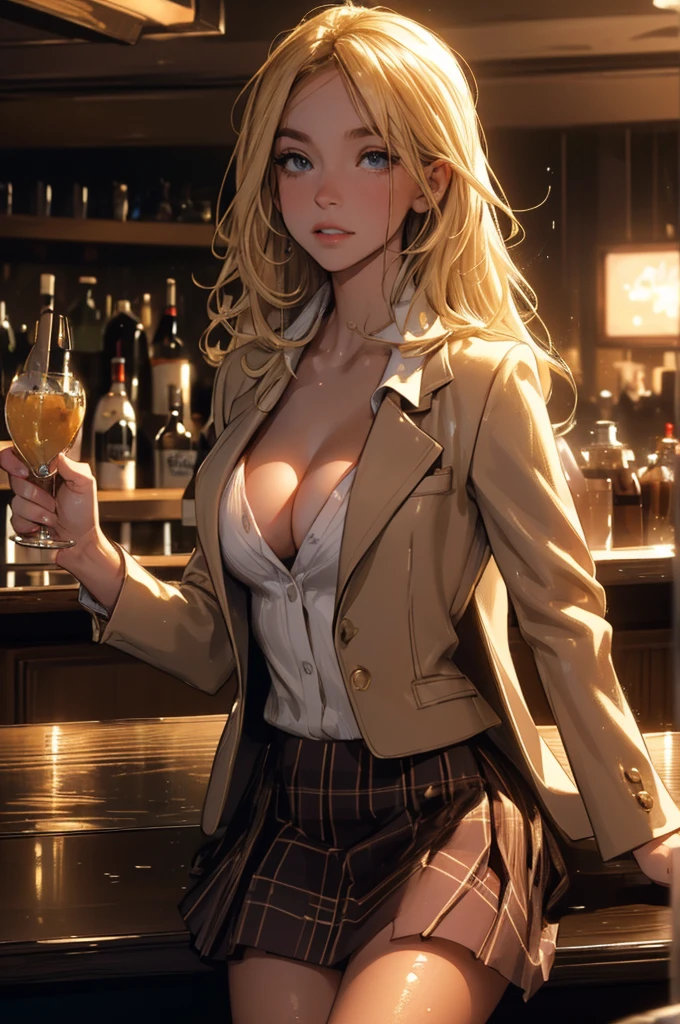 girl at a nightclub sitting at bar, eyeliner (masterpiece) (best quality) (detailed) (8k) (HDR) (wallpaper) (cinematic lighting) (sharp focus) (intricate) blonde hair, biting lip, medium hair, white and gold, sexy, blush, aroused, cleavage, shiny , wet skin, girl, dark makeup, action pose, jumping over bar, white shirt blazer and plaid skirt