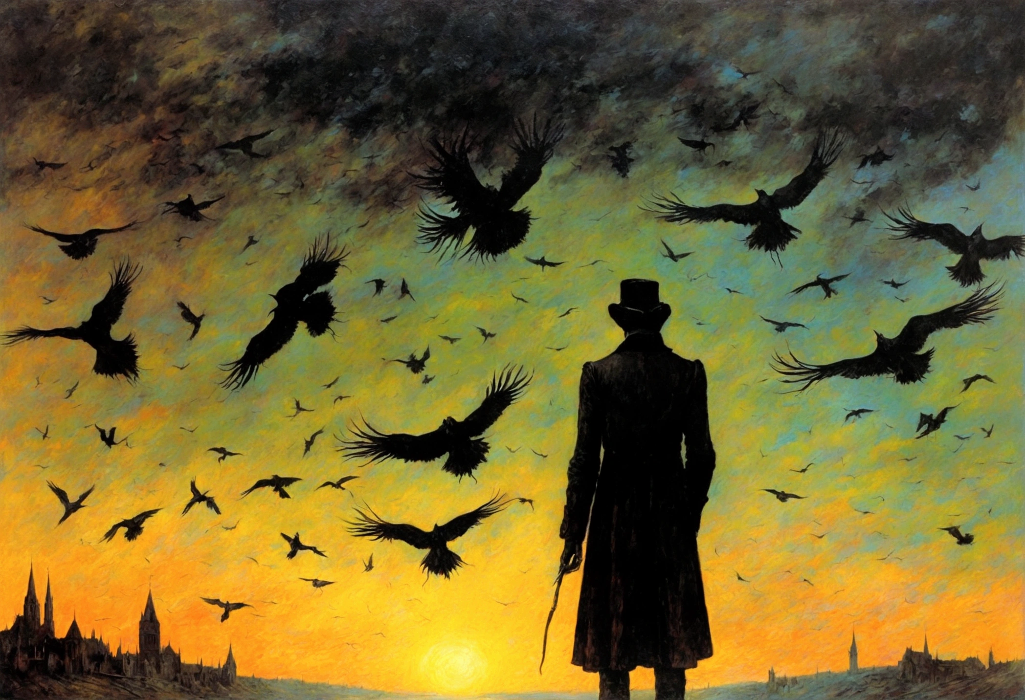 Mythical creatures, author:Zdzislaw Beksiński and Vincent van Gogh, Album cover, romantic, Surrealism, Futuristic ,smile , Wizard, Abstracted, dark, landscape、suicide、Hanged bodies found all over the country、Crows flock together