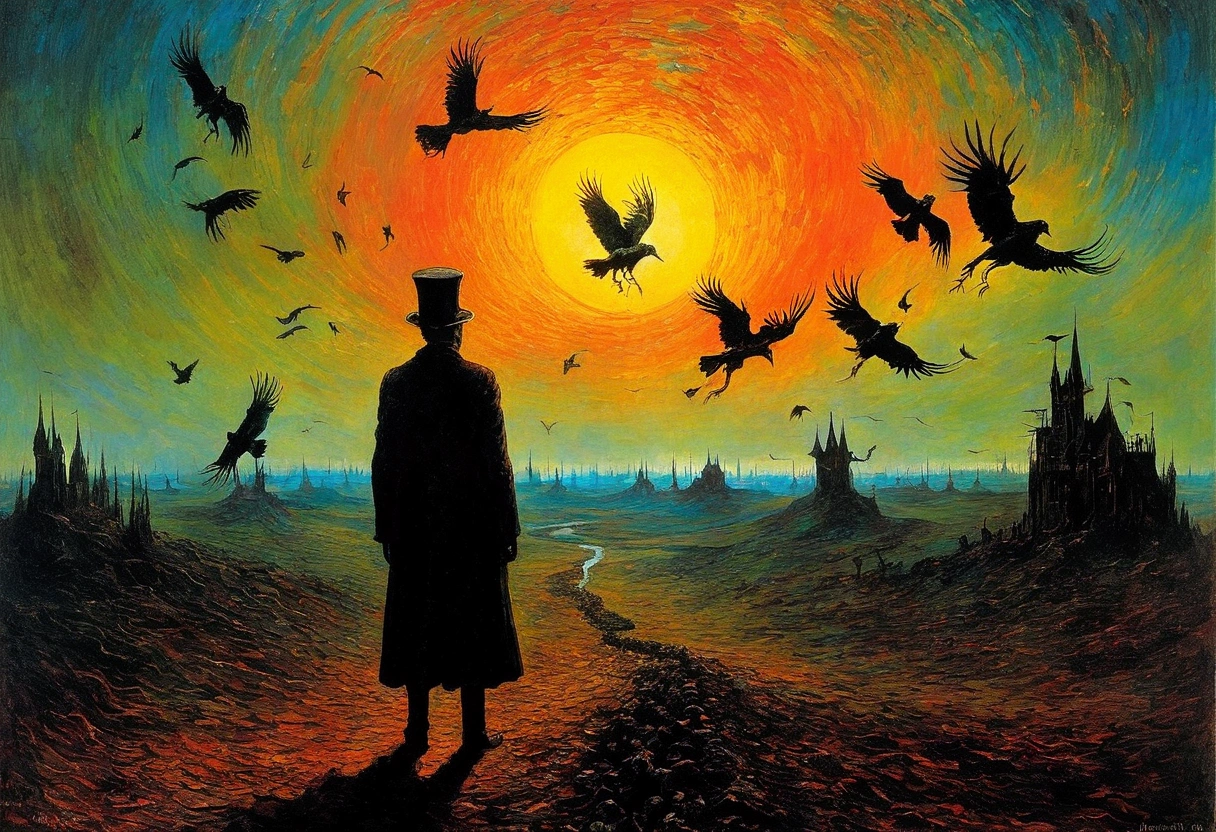 Mythical creatures, author:Zdzislaw Beksiński and Vincent van Gogh, Album cover, romantic, Surrealism, Futuristic ,smile , Wizard, Abstracted, dark, landscape、suicide、Hanged bodies found all over the country、Crows flock together