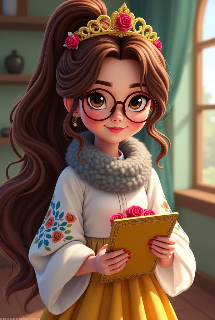 Imagem da filha da Ramona Badwof e da Rosabella Beauty de Ever After High: Long wavy brown ponytail with red streaked bangs, first of all, light brown eyes, brown glasses with a red rose, white blouse with blue, with roses on the blouse and sleeves, yellow skirt with golden roses, a faux fur collar around the neck of gray color, golden flower tiara on head, You have to be holding a yellow tablet with red roses in your hands, You have to have red highlights in your hair