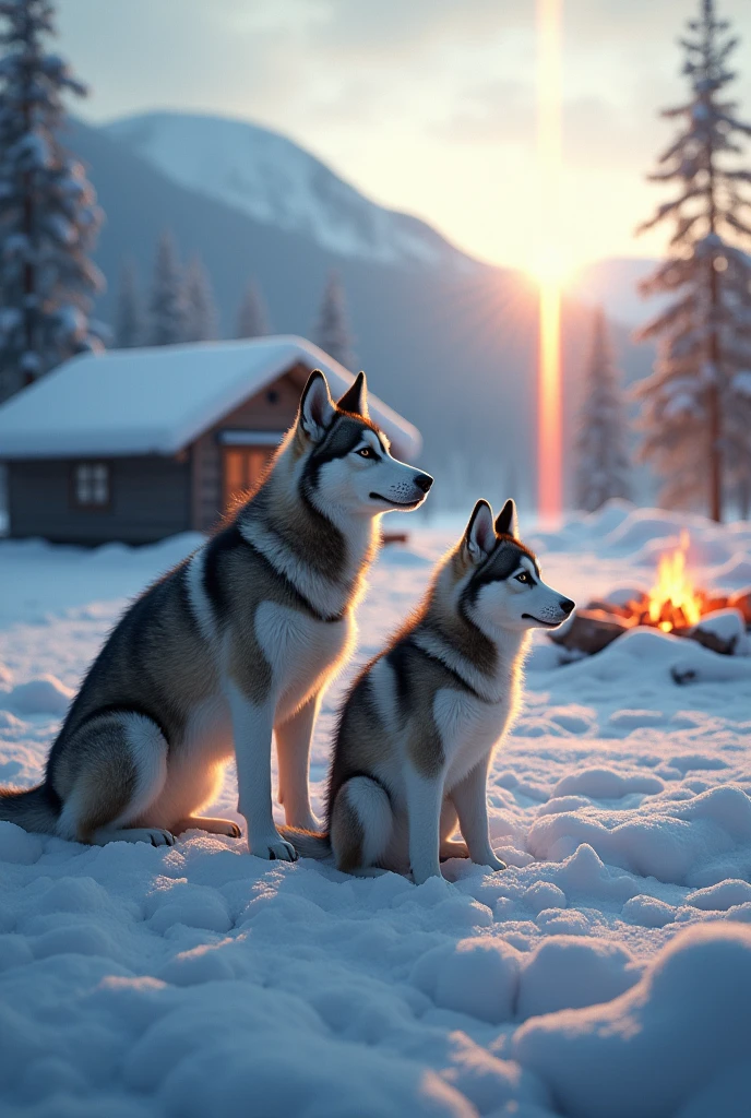 Ultra-realism、masterpiece、Highest quality、Film Grain、RAW Photos、Nice views、wallpaper、Frozen morning landscape、Fresh Snow、Siberian husky parent and child、Standing by the campfire next to the mountain hut、Sun Pillar