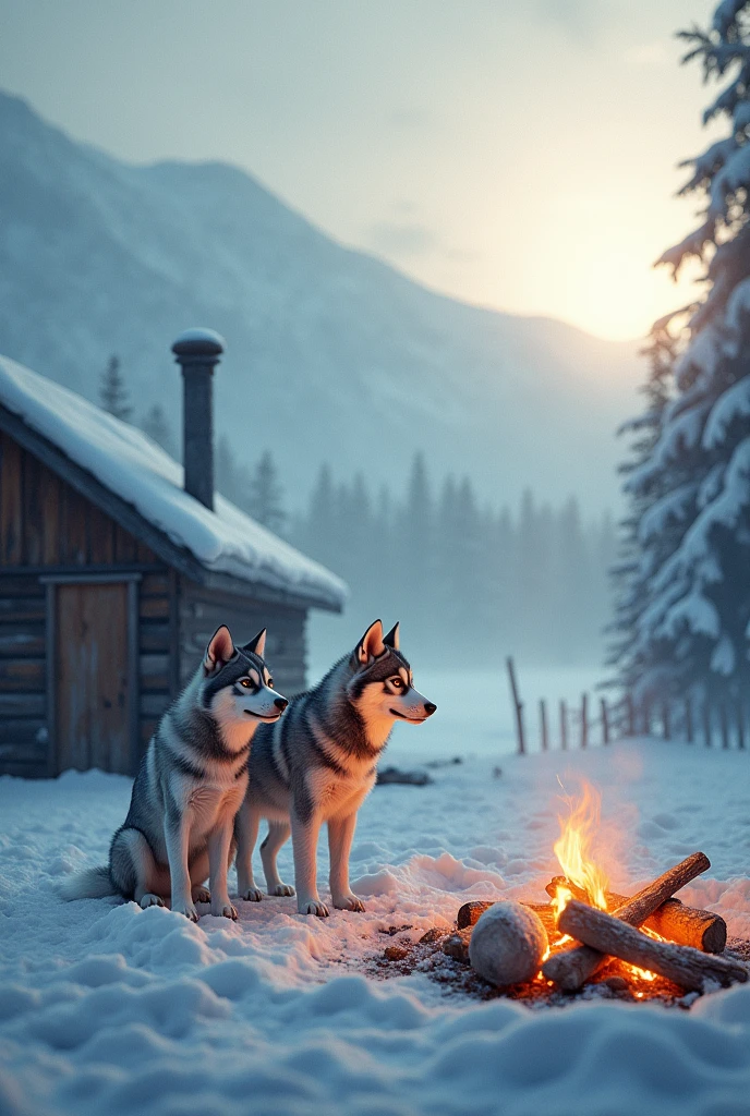 Ultra-realism、masterpiece、Highest quality、Film Grain、RAW Photos、Nice views、wallpaper、Frozen morning landscape、Fresh Snow、Siberian husky parent and child、Standing by the campfire next to the mountain hut、Sun Pillar