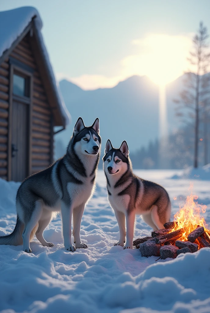 Ultra-realism、masterpiece、Highest quality、Film Grain、RAW Photos、Nice views、wallpaper、Frozen morning landscape、Fresh Snow、Siberian husky parent and child、Standing by the campfire next to the mountain hut、Sun Pillar
