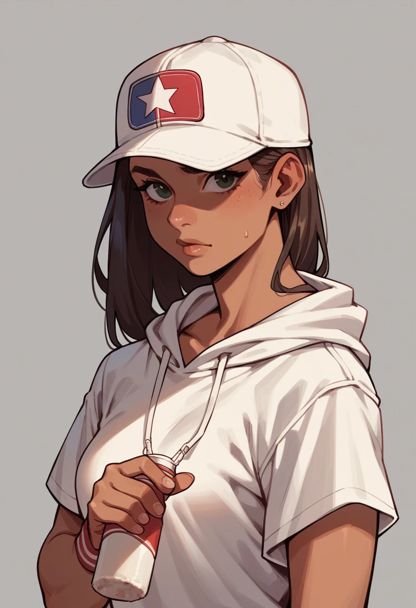An American woman wearing white cotton Sweatshirt, wearing a beige baseball cap
