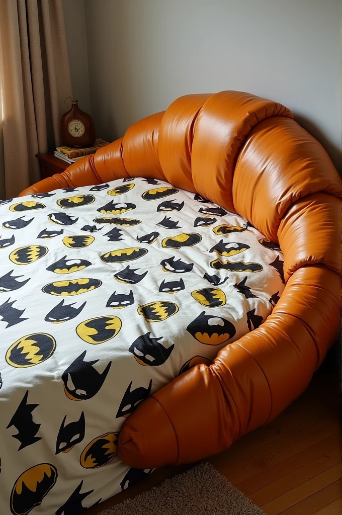 Example of a croissant-shaped mattress using a Batman sheet