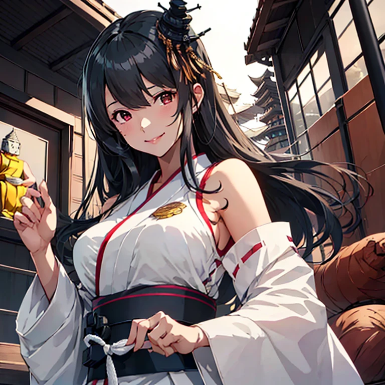 fusou_kantaicollection,
black_hair, long_hair, hair_ornament, red_eyes, nontraditional_miko, breasts, large_breasts, smile,
(masterpiece:1.4),(best quality:1.4), (premium:1.4), (great illustration:1.4), (ultra-detailed:1.4),(art CG, 8K),1girl solo, KonishiCSA,(Buddha Statue:1.4),
