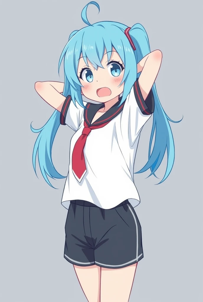 、cool、One person、Scared、Scared、Light blue hair、Shorts、Junior high school students、Immortality、Shoulders shaking upwards、The hair has been growing for a long time.