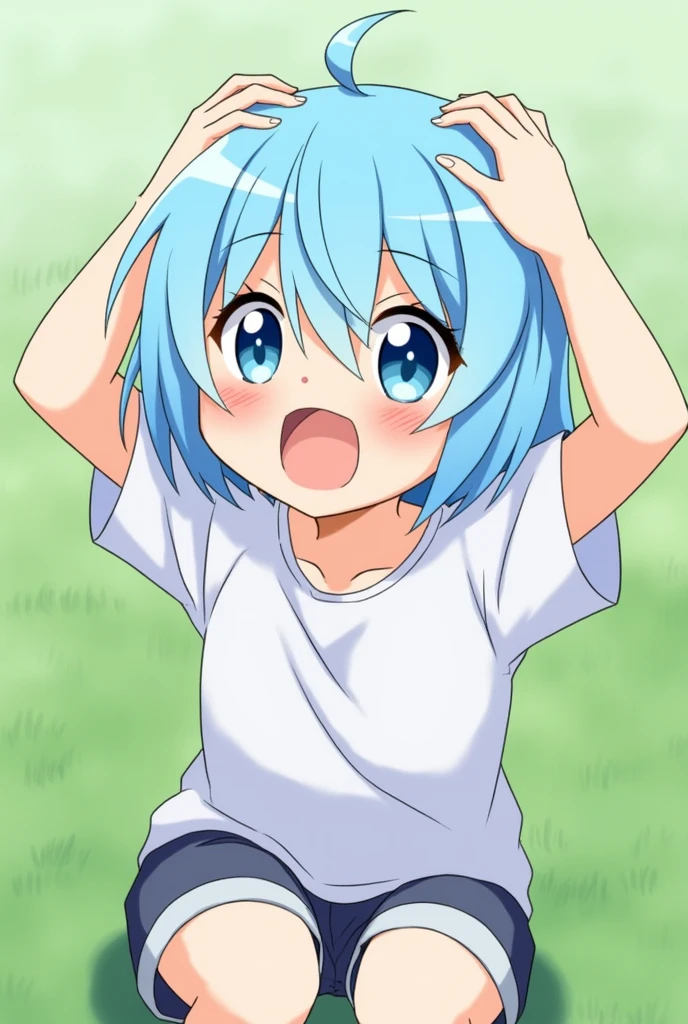 、cool、One person、Scared、Scared、Light blue hair、Shorts、Junior high school students、Immortality、Shoulders shaking upwards、The hair has been growing for a long time.